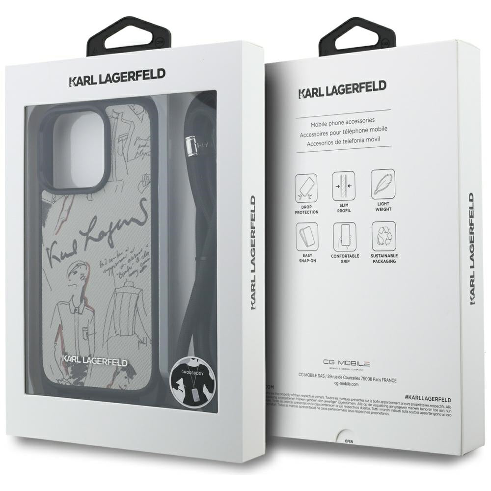 Karl Lagerfeld Crossbody Grained Pattern & Logo Case for iPhone 16 Pro Max - Gray