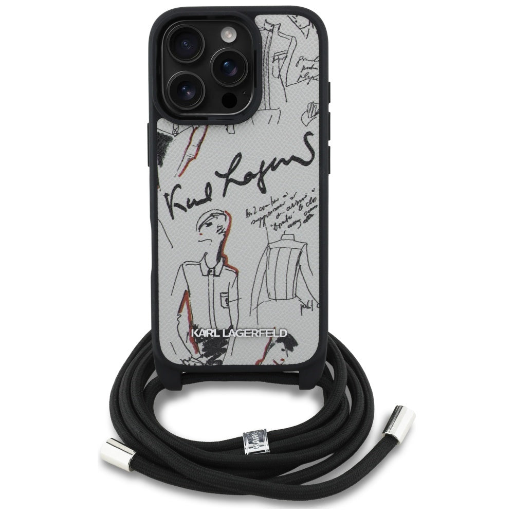 Karl Lagerfeld Crossbody Grained Pattern & Logo Case for iPhone 16 Pro - Gray