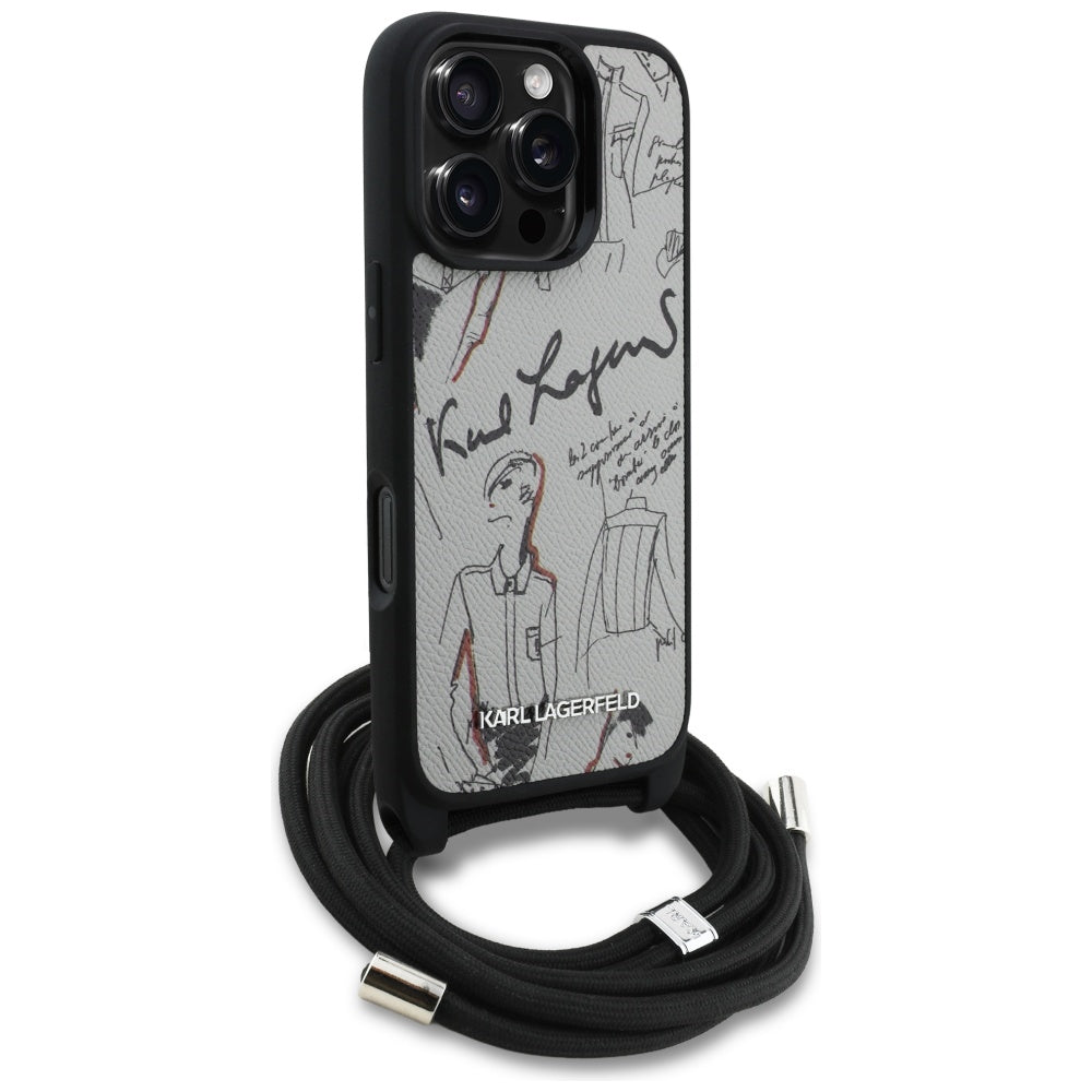 Karl Lagerfeld Crossbody Grained Pattern & Logo Case for iPhone 16 Pro - Gray