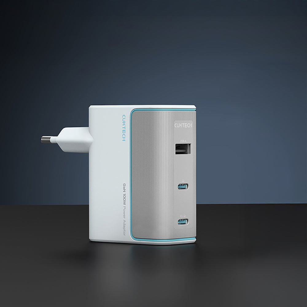 Cuktech AD1003EU 100W GaN 2x USB-C + USB-A Wall Charger med kabel - hvid