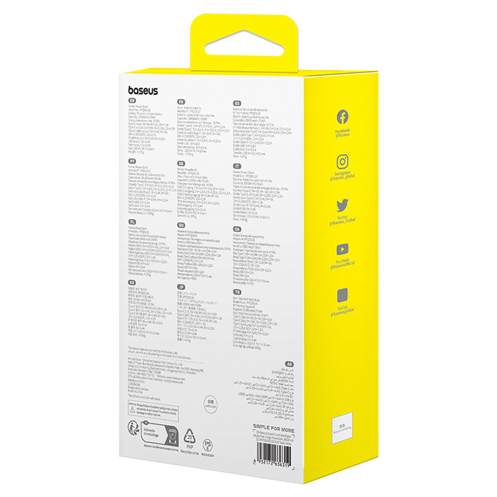 Baseus Qpow2 20000mAh 22.5W Powerbank med Dual Cable med Digital Display + Baseus Simple USB-C 3A Cable 0.3m (hvid) - hvid