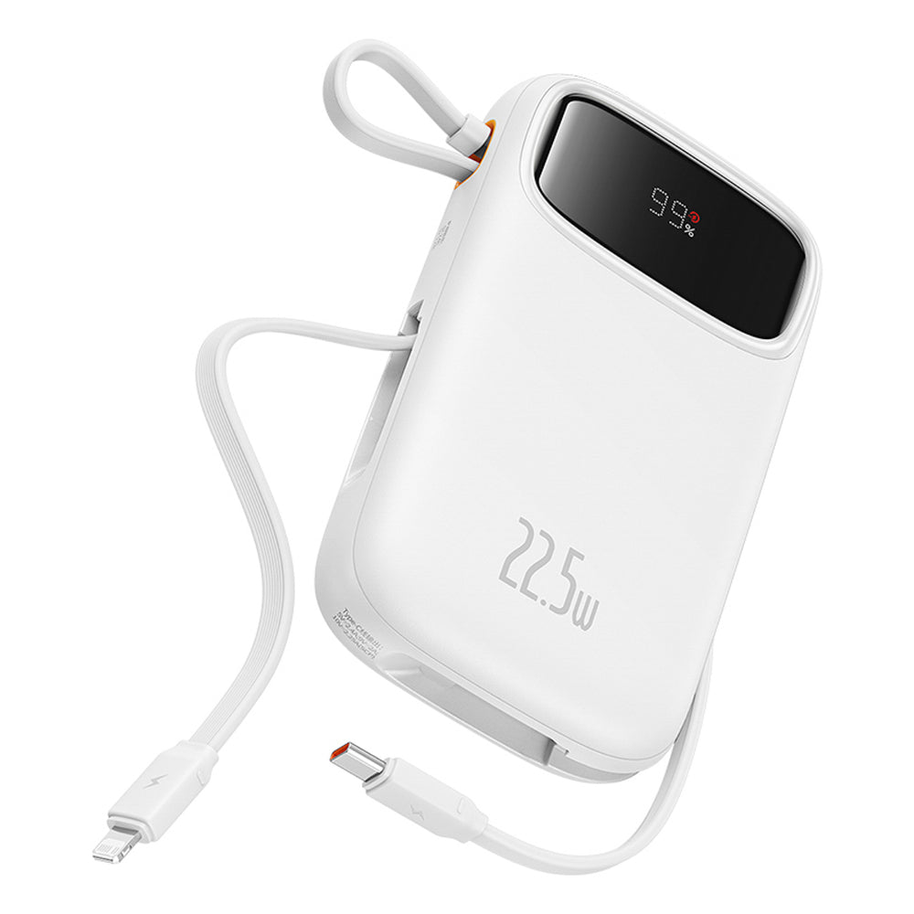 Baseus Qpow2 20000mAh 22.5W Powerbank med Dual Cable med Digital Display + Baseus Simple USB-C 3A Cable 0.3m (hvid) - hvid
