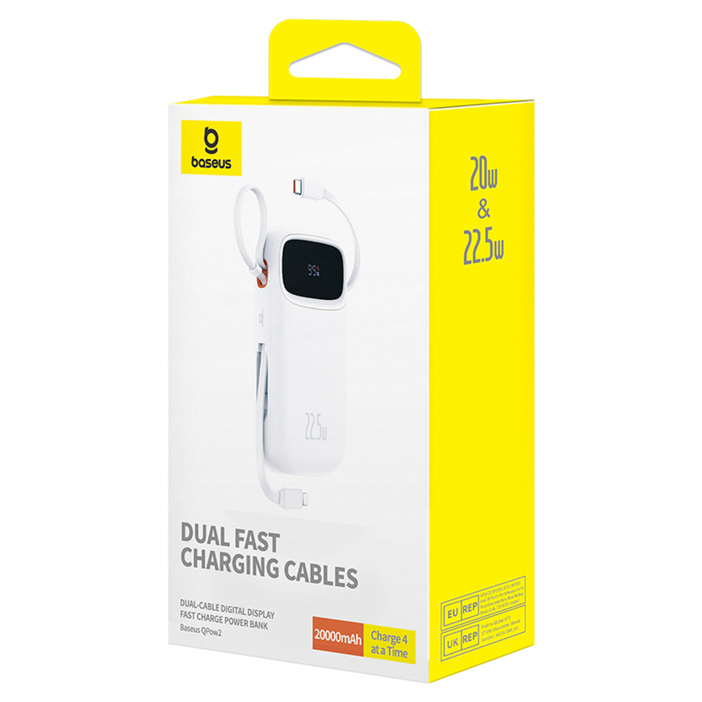 Baseus Qpow2 20000mAh 22.5W Powerbank med Dual Cable med Digital Display + Baseus Simple USB-C 3A Cable 0.3m (hvid) - hvid