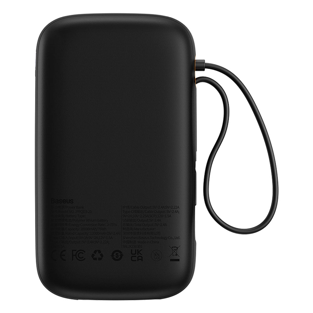 Baseus Qpow2 20000mAh 22.5W Powerbank med Dual Cable med Digital Display + Baseus Simple USB-C 3A Cable 0.3m (Sort) - Sort