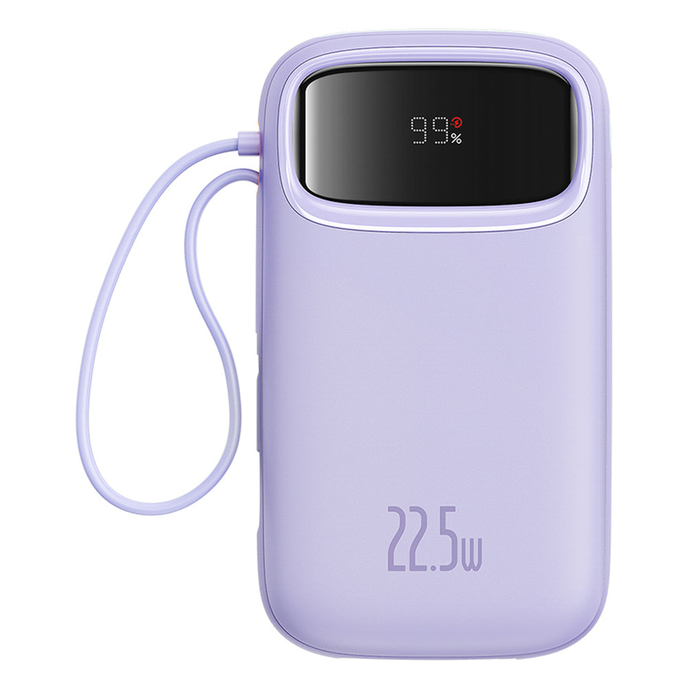 Baseus Qpow2 20000mAh 22.5W Powerbank med Dual Cable med Digital Display + Baseus Simple USB-C 3A Cable 0.3m (hvid) - Purple