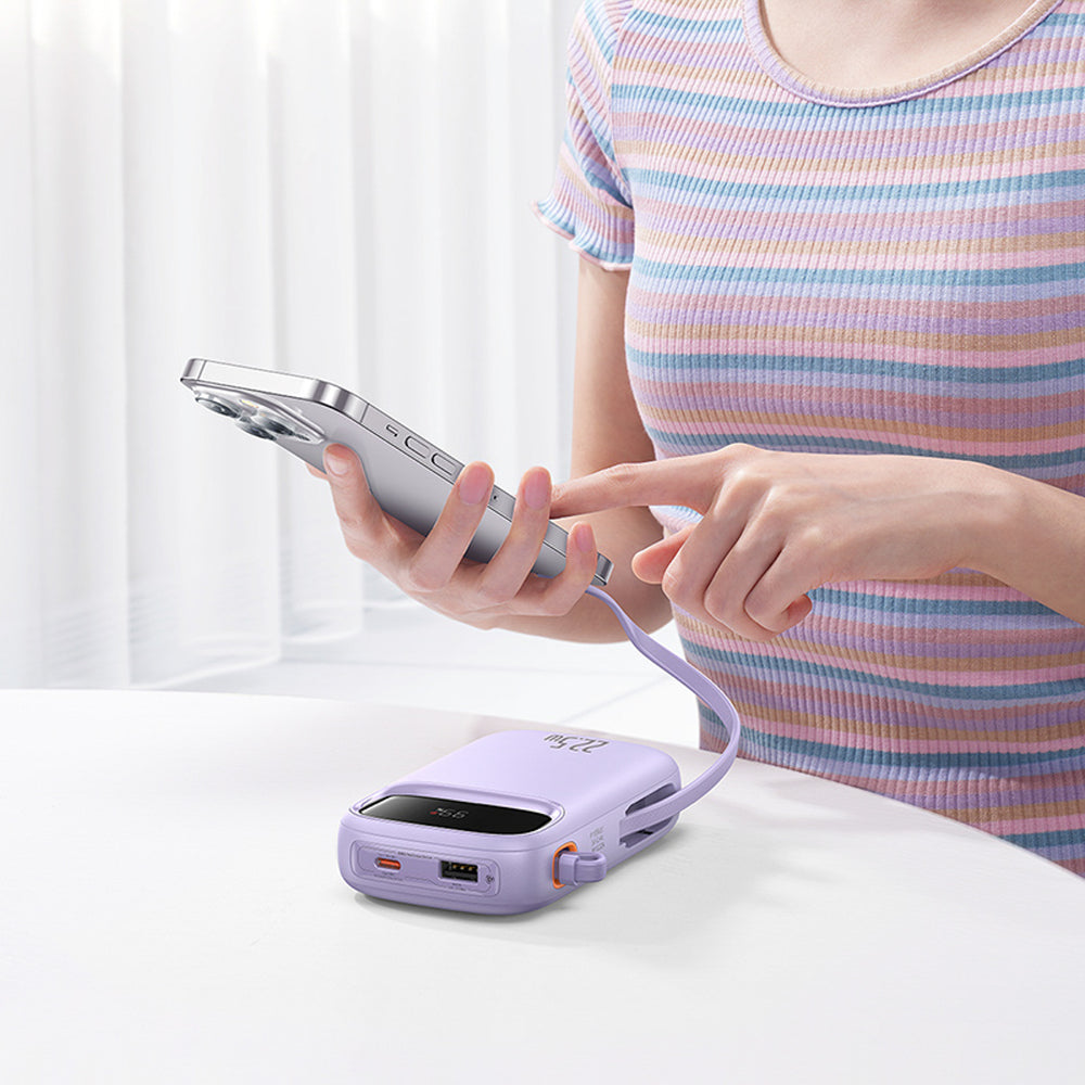 Baseus Qpow2 20000mAh 22.5W Powerbank med Dual Cable med Digital Display + Baseus Simple USB-C 3A Cable 0.3m (hvid) - Purple