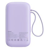 Baseus Qpow2 20000mAh 22.5W Powerbank med Dual Cable med Digital Display + Baseus Simple USB-C 3A Cable 0.3m (hvid) - Purple