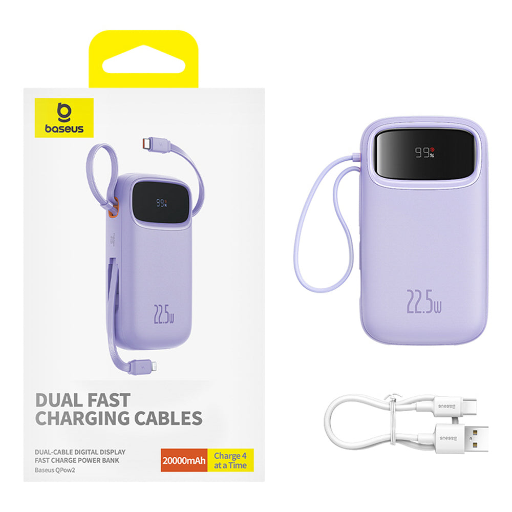 Baseus Qpow2 20000mAh 22.5W Powerbank med Dual Cable med Digital Display + Baseus Simple USB-C 3A Cable 0.3m (hvid) - Purple