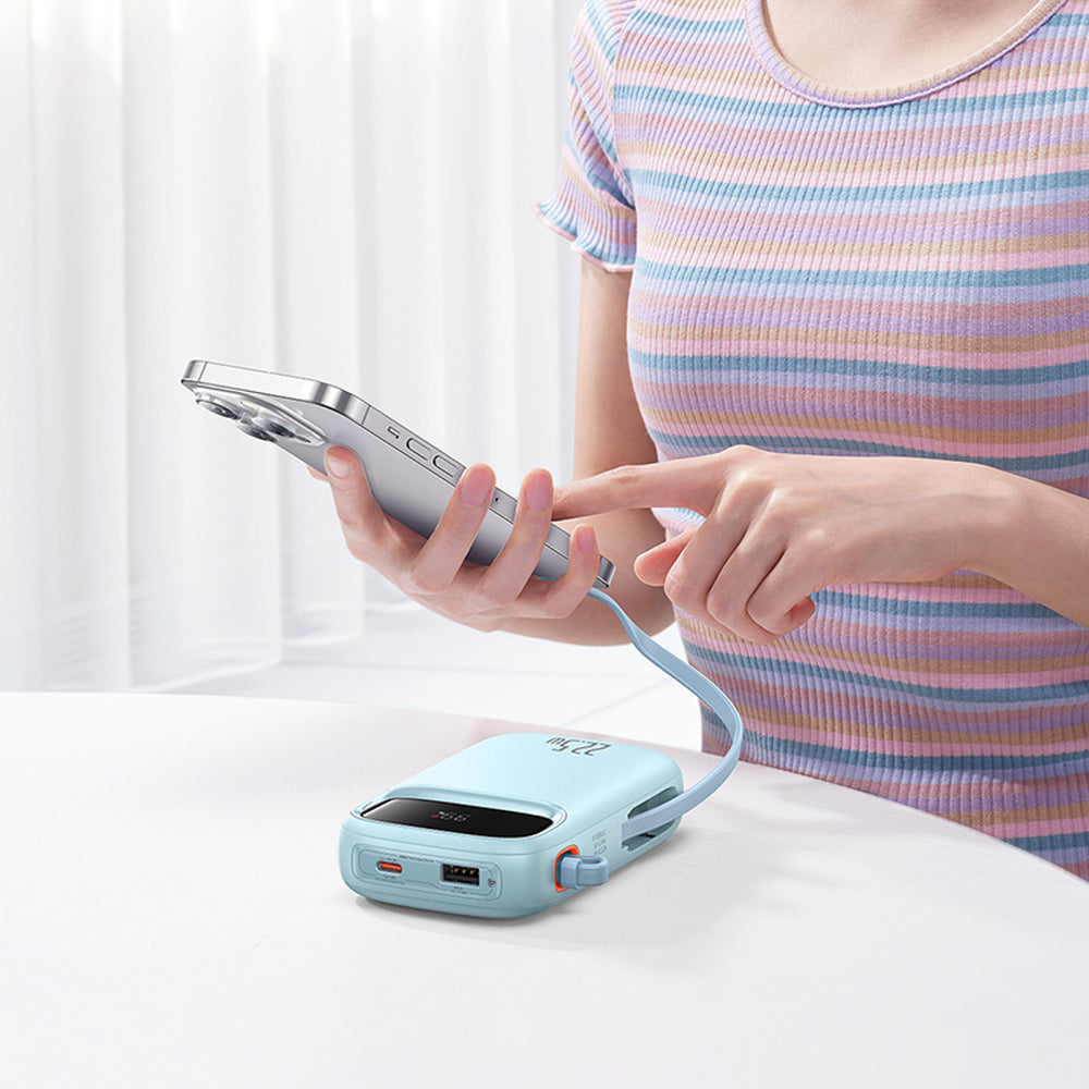 Baseus Qpow2 20000mAh 22.5W Powerbank med Dual Cable med Digital Display + Baseus Simple USB-C 3A Cable 0.3m (hvid) - Blå