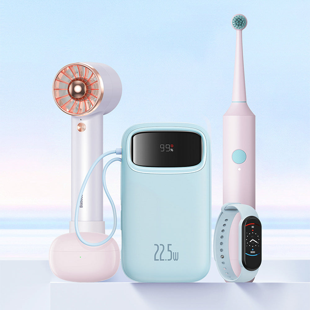 Baseus Qpow2 20000mAh 22.5W Powerbank med Dual Cable med Digital Display + Baseus Simple USB-C 3A Cable 0.3m (hvid) - Blå