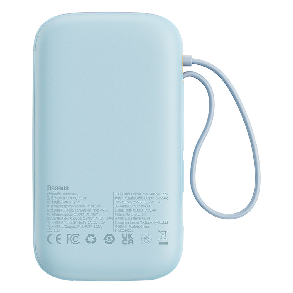 Baseus Qpow2 20000mAh 22.5W Powerbank med Dual Cable med Digital Display + Baseus Simple USB-C 3A Cable 0.3m (hvid) - Blå