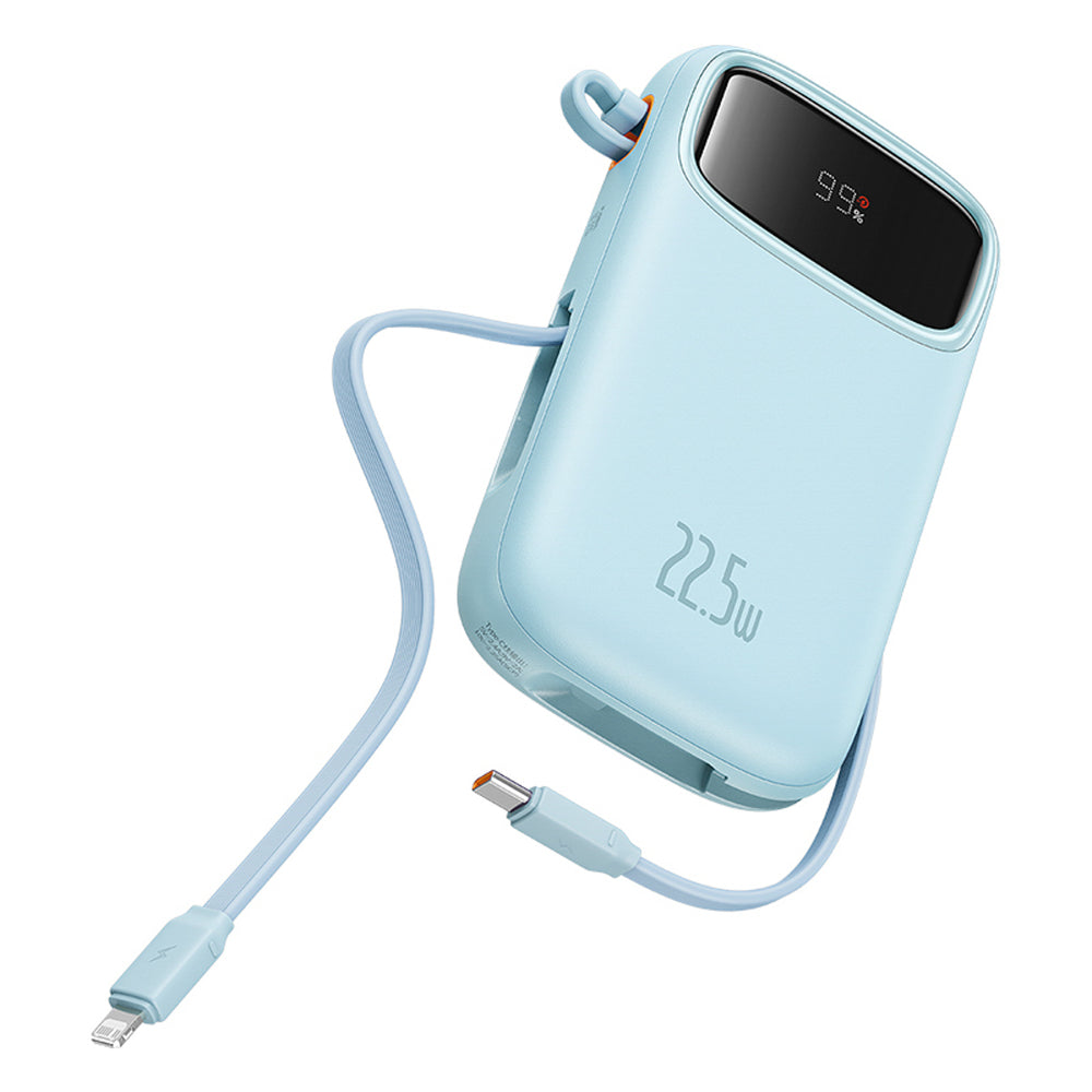 Baseus Qpow2 20000mAh 22.5W Powerbank med Dual Cable med Digital Display + Baseus Simple USB-C 3A Cable 0.3m (hvid) - Blå