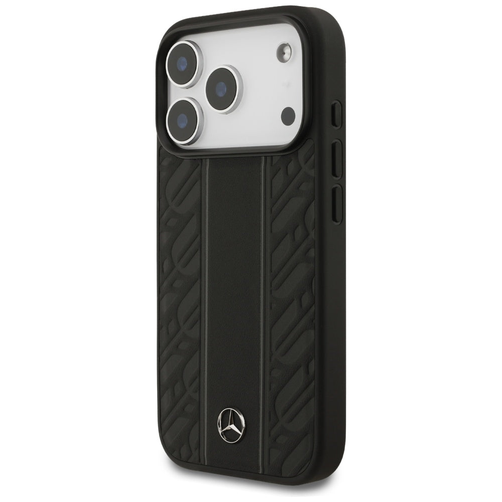 Mercedes Leather Laurel Leaves Stripes MagSafe Case for iPhone 17 Pro - Black