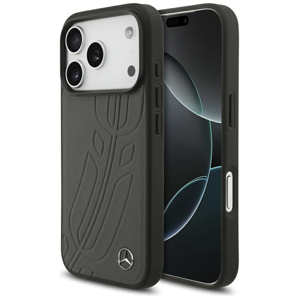 Mercedes Leather Large Laurel Leave MagSafe Case for iPhone 17 Pro - Black and Gray