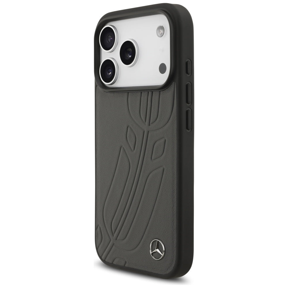 Mercedes Leather Large Laurel Leave MagSafe Case for iPhone 17 Pro - Black and Gray