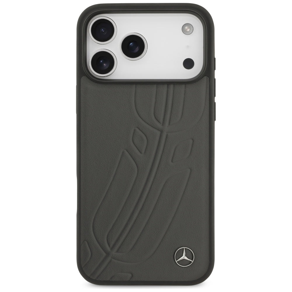 Mercedes Leather Large Laurel Leave MagSafe Case for iPhone 17 Pro Max - Black and Gray