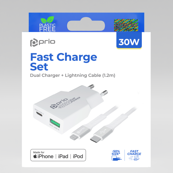 prio MFi hurtigopladersæt (30W dobbelt GaN-oplader + Lightning - USB C-kabel) hvid