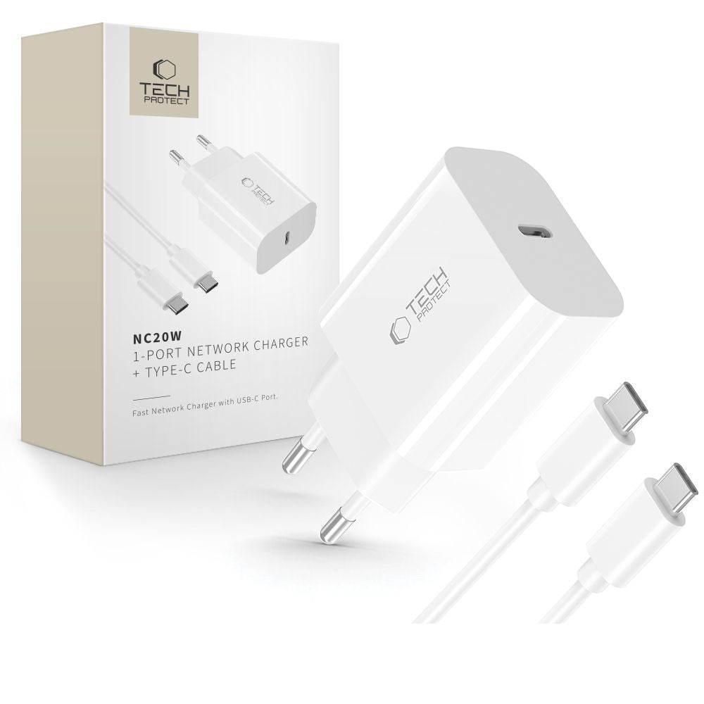 Tech Protect Nc20 W 1 Port Netværksopladder Pd 20 W + Type C Kabel Hvid