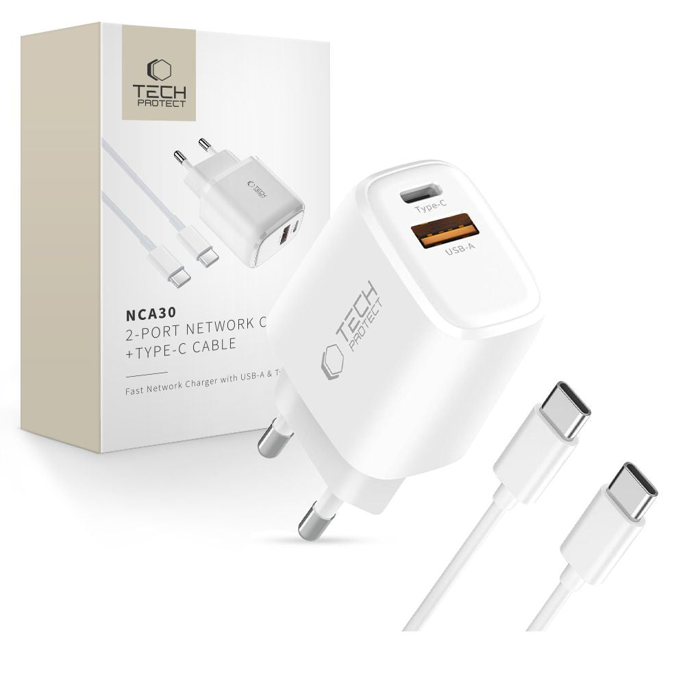 Tech Protect Nca30 2 Port Netværksopladder Pd 30 W / Qc3.0 + Type C Kabel Hvid