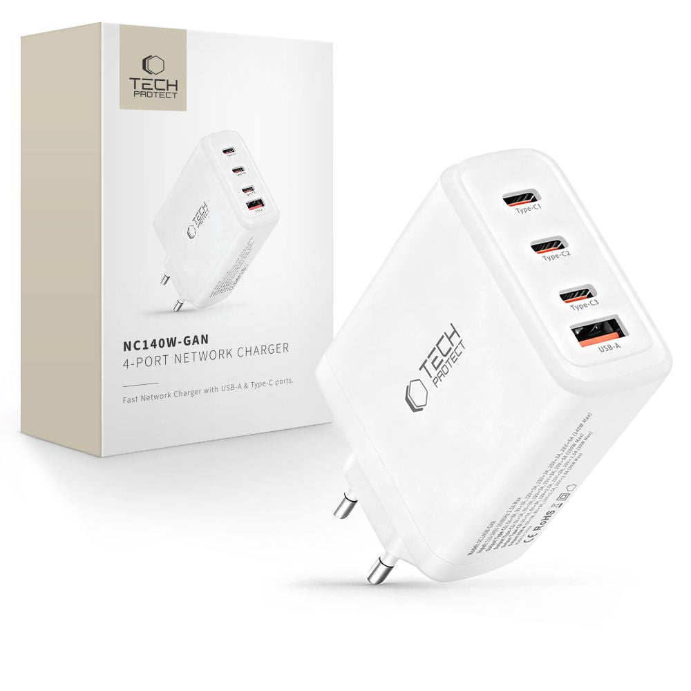 Tech Protect Nc140 W Gan 4 Port Netværksopladder Pd 140 W / Qc3.0 Hvid