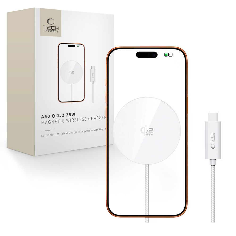 Tech Protect A50 Magnetisk Magsafe Trådløs Opladder 25 W Qi2.2 Hvid