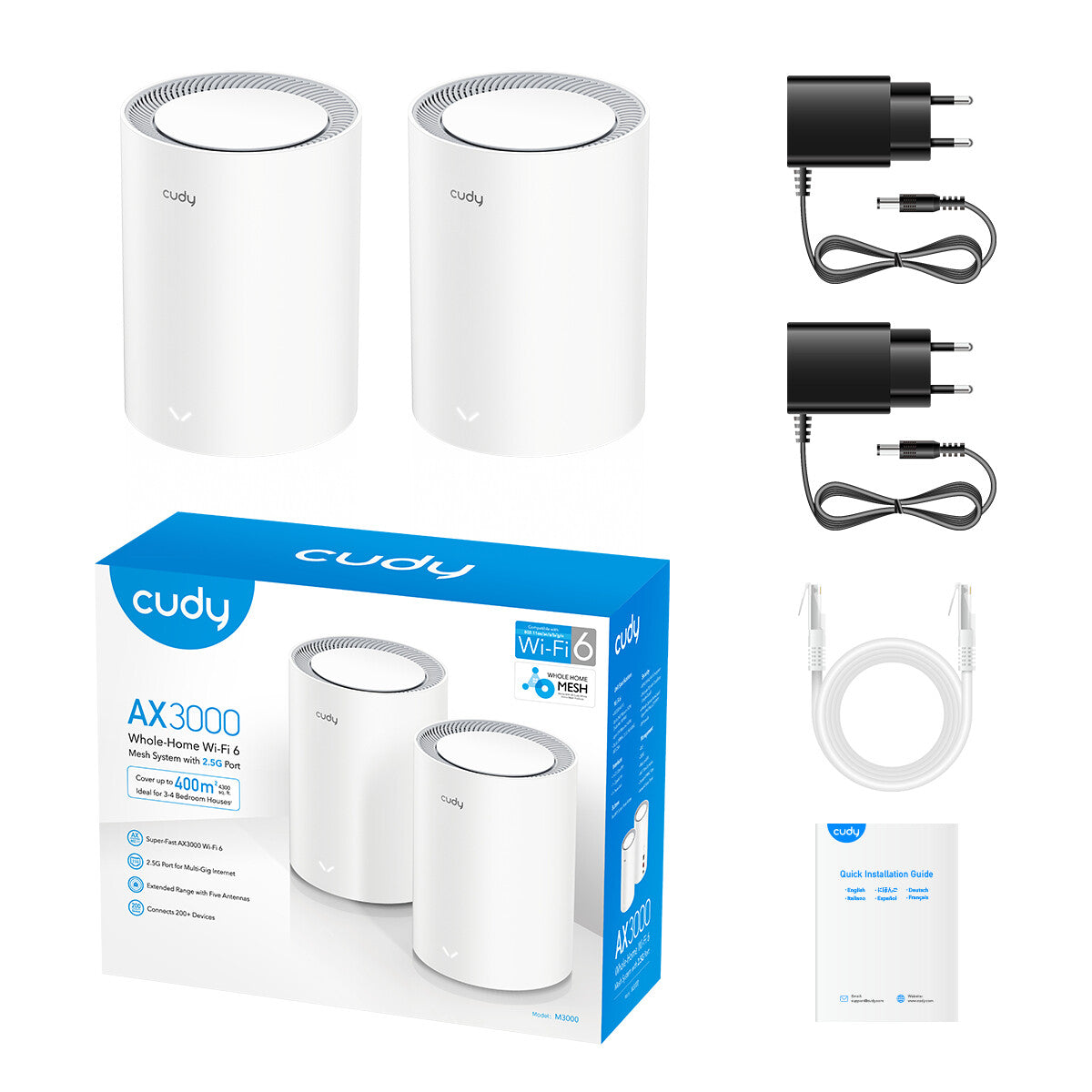 Cudy M3000(2-PACK) V2.0 mesh Wi-Fi-system Dual-band (2,4 GHz / 5 GHz) Wi-Fi 6 (802.11ax) Hvid Intern