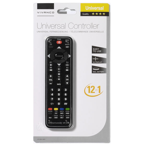 Vivanco UR 12 BN fjernbetjening CD/MD, DVD/Blu-ray, SAT, TV, TV set-top-boks, VCR Tryk på knapper