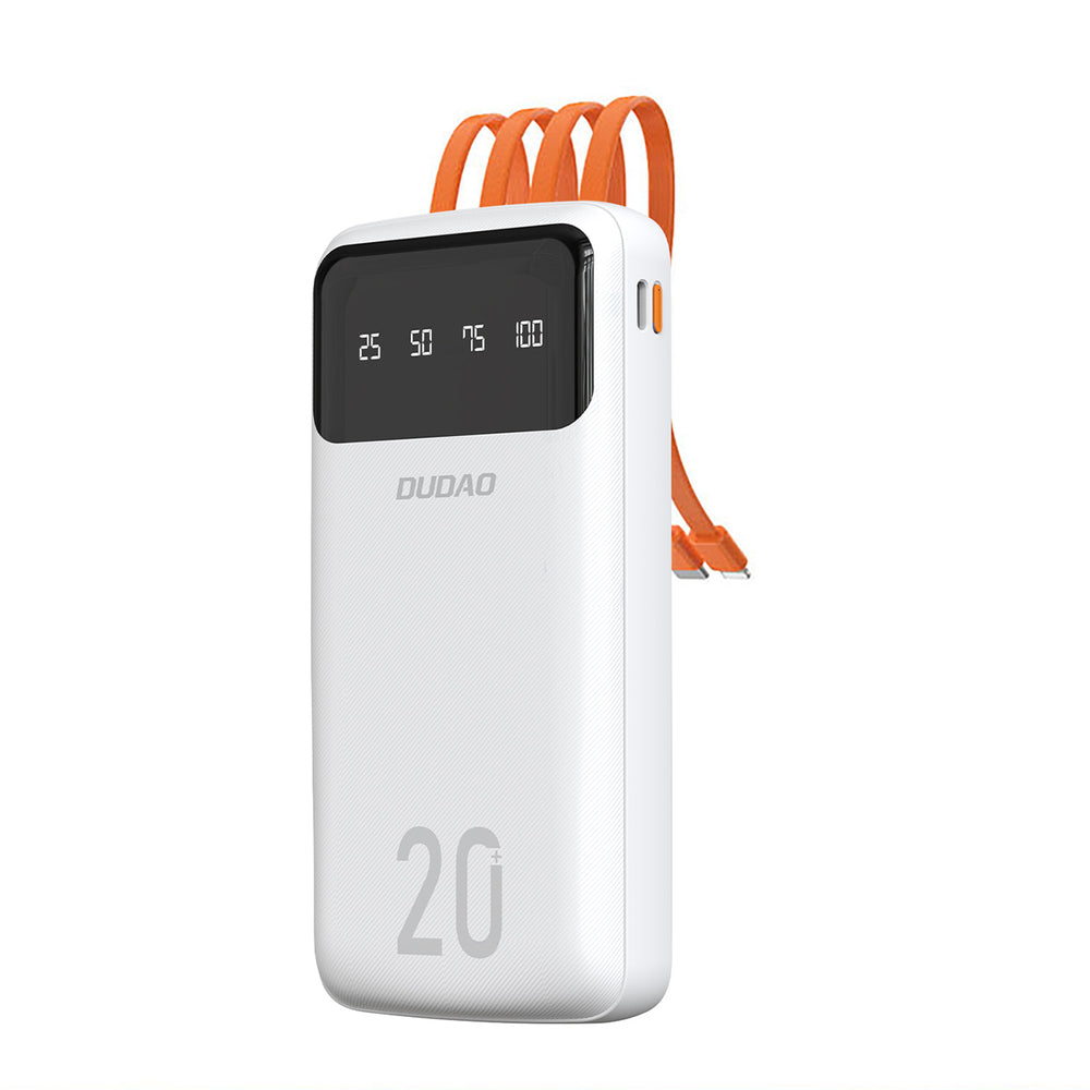 Dudao stor kapacitet powerbank med 4 indbyggede kabler 20000mAh USB Type C + micro USB + Lightning + USB-A (indgang) - hvid (Dudao K6Pro +)