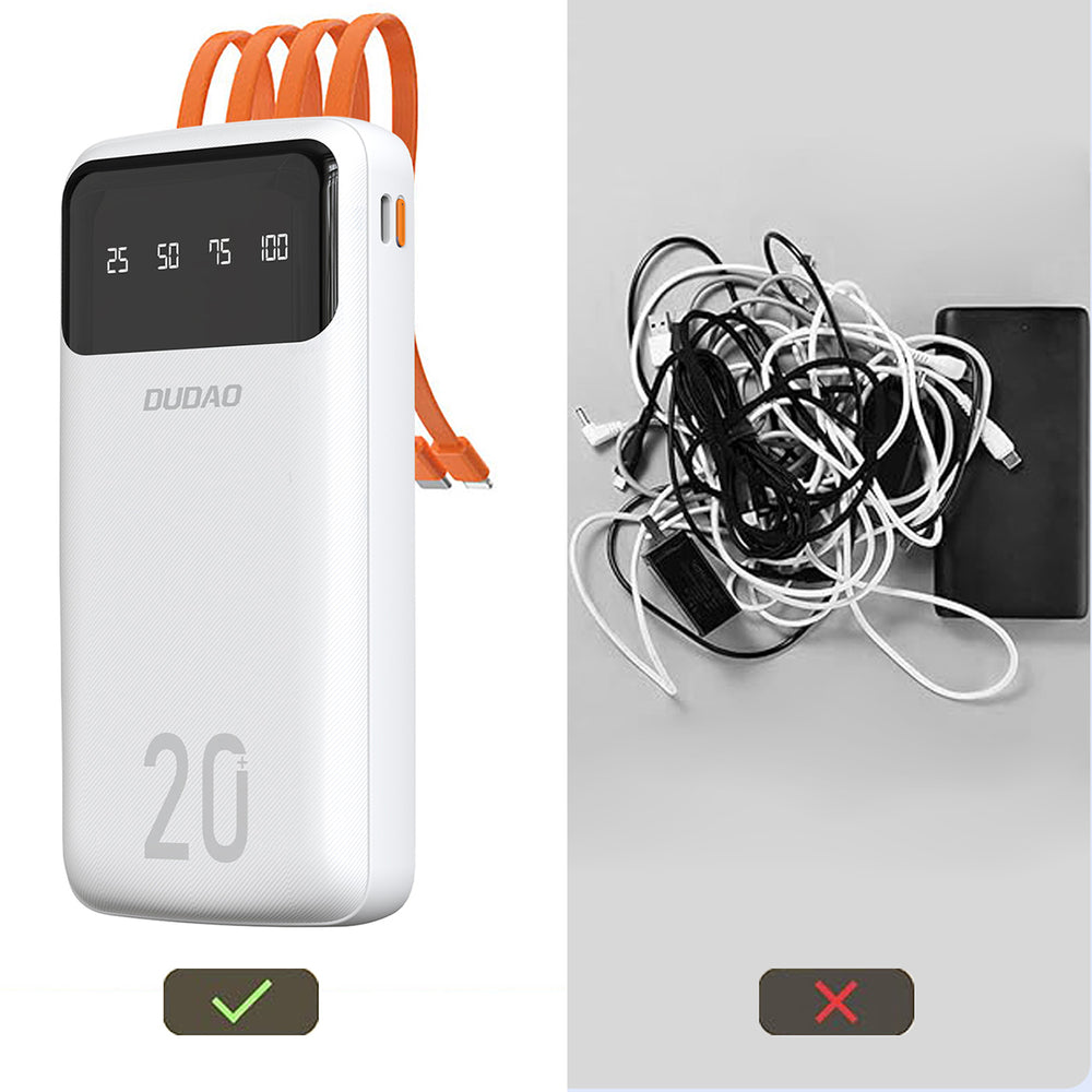 Dudao stor kapacitet powerbank med 4 indbyggede kabler 20000mAh USB Type C + micro USB + Lightning + USB-A (indgang) - hvid (Dudao K6Pro +)