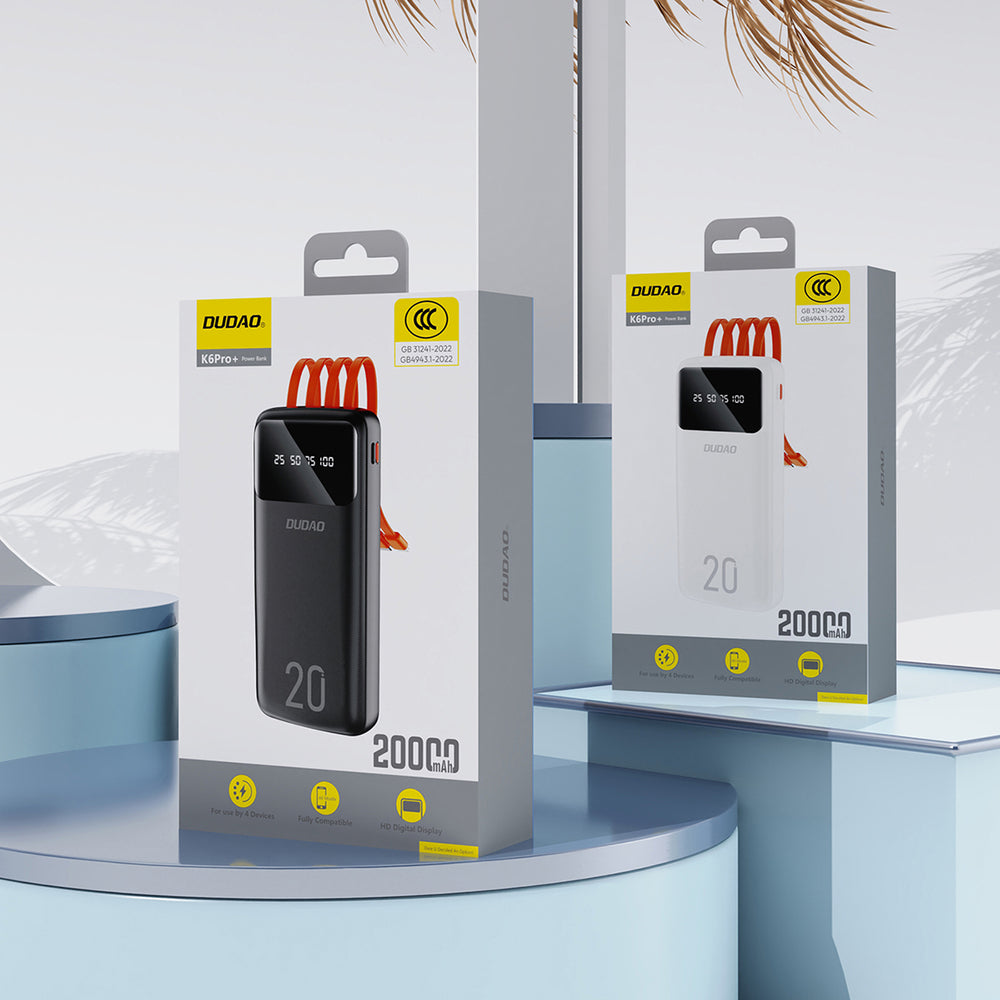 Dudao stor kapacitet powerbank med 4 indbyggede kabler 20000mAh USB Type C + micro USB + Lightning + USB-A (indgang) - hvid (Dudao K6Pro +)