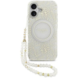 Guess IML Flowers Electro Pearl Strap MagSafe case til iPhone 17 - hvid