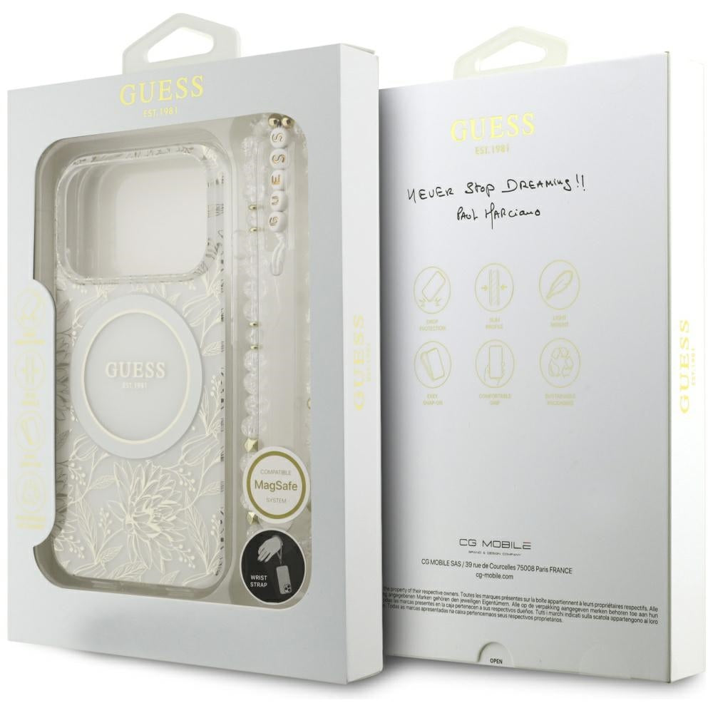 Guess IML Flowers Electro Pearl Strap MagSafe Case for iPhone 17 Pro - White