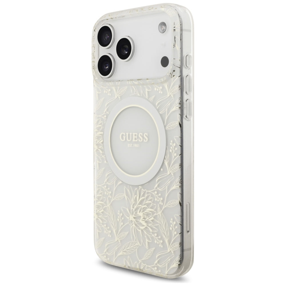 Guess IML Flowers Electro Pearl Strap MagSafe Case til iPhone 17 Pro Max - Hvid