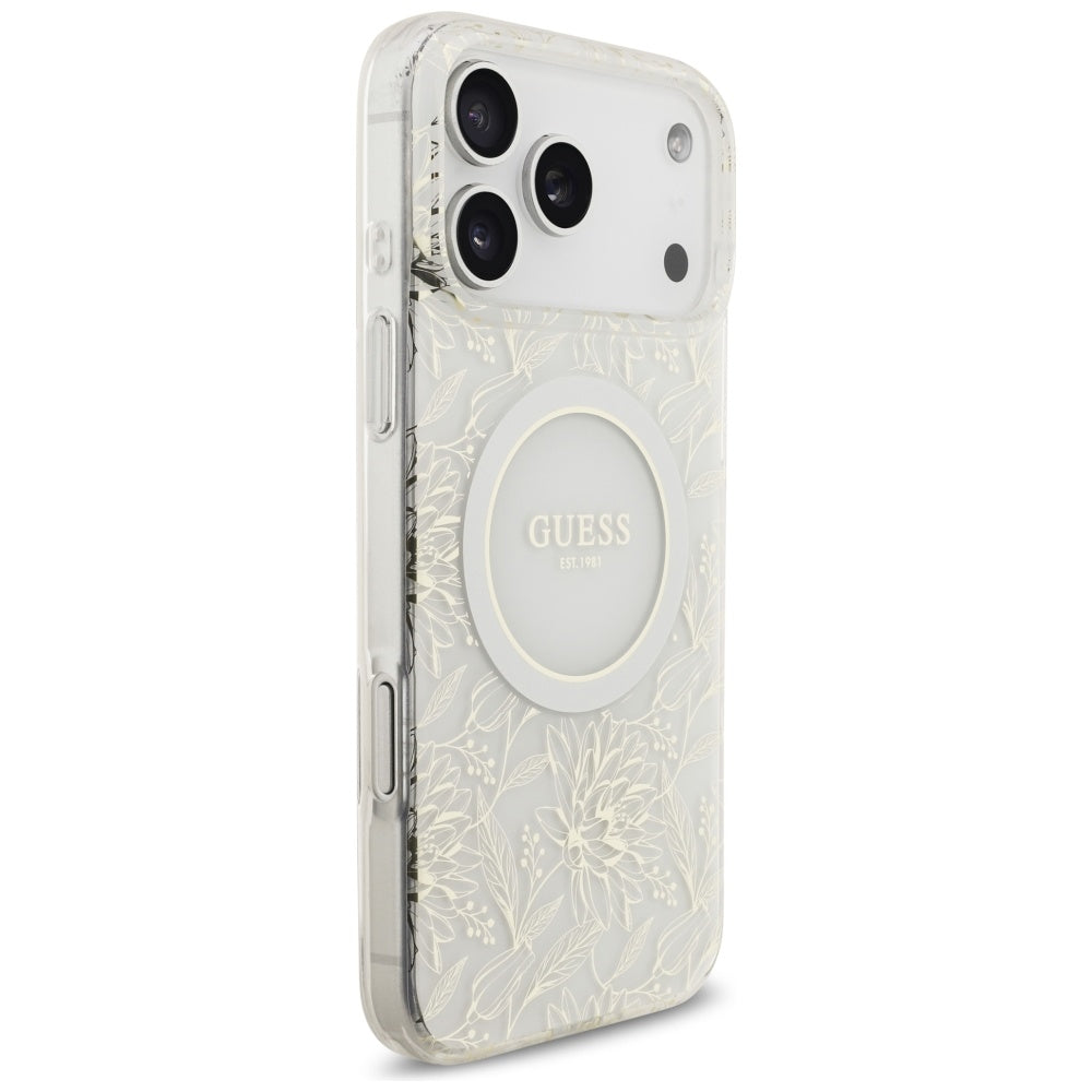 Guess IML Flowers Electro Pearl Strap MagSafe Case til iPhone 17 Pro Max - Hvid
