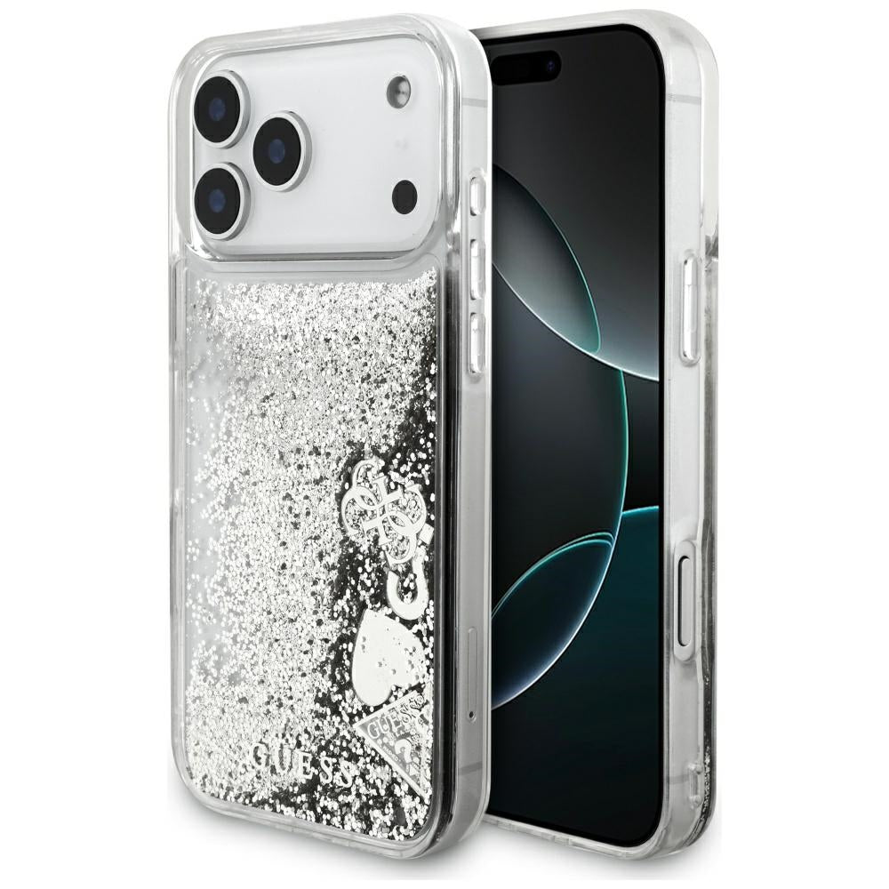 Guess Liq-foder. Glitter Charms til iPhone 17 Pro Max - sølv