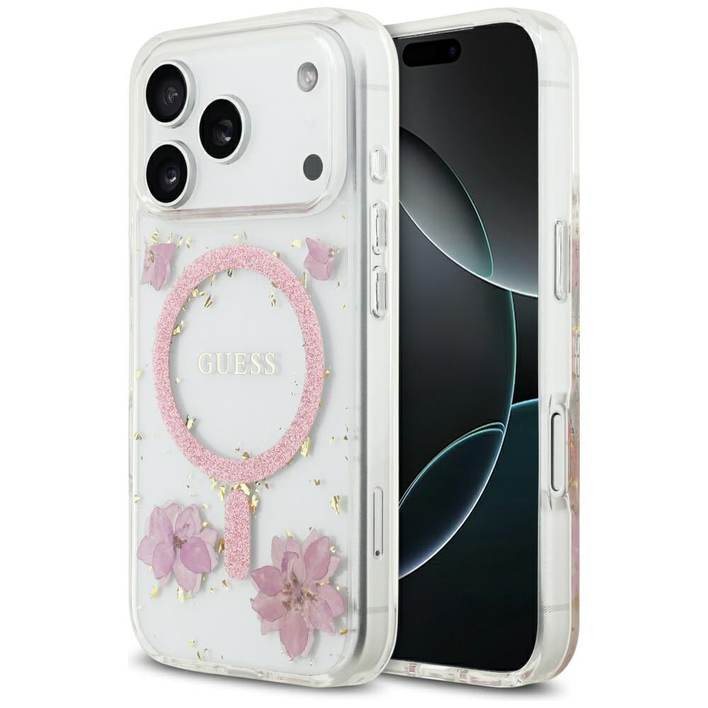 Guess Resin Flowers Glitter MagSafe Case til iPhone 17 Pro - Pink