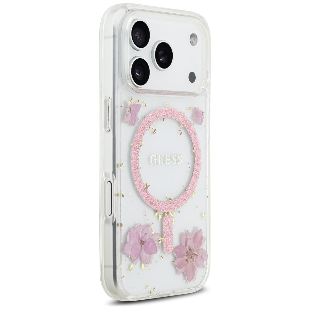 Guess Resin Flowers Glitter MagSafe Case til iPhone 17 Pro - Pink