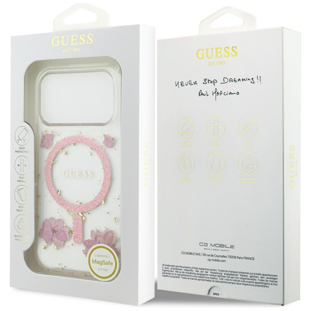 Guess Resin Flowers Glitter MagSafe Case til iPhone 17 Pro - Pink