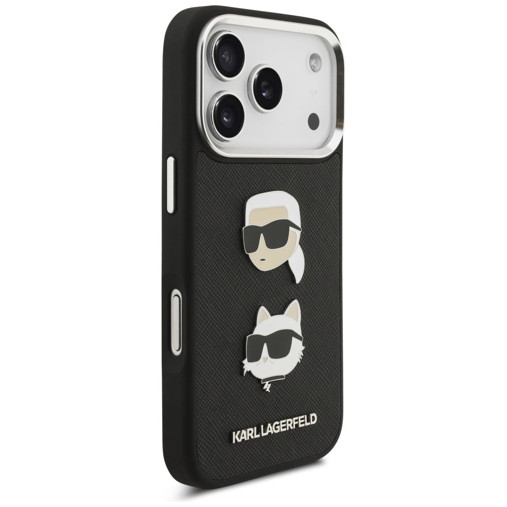 Karl Lagerfeld FW Grained Karl & Choupette Heads Pins & Logo iPhone 17 Pro Case - Black