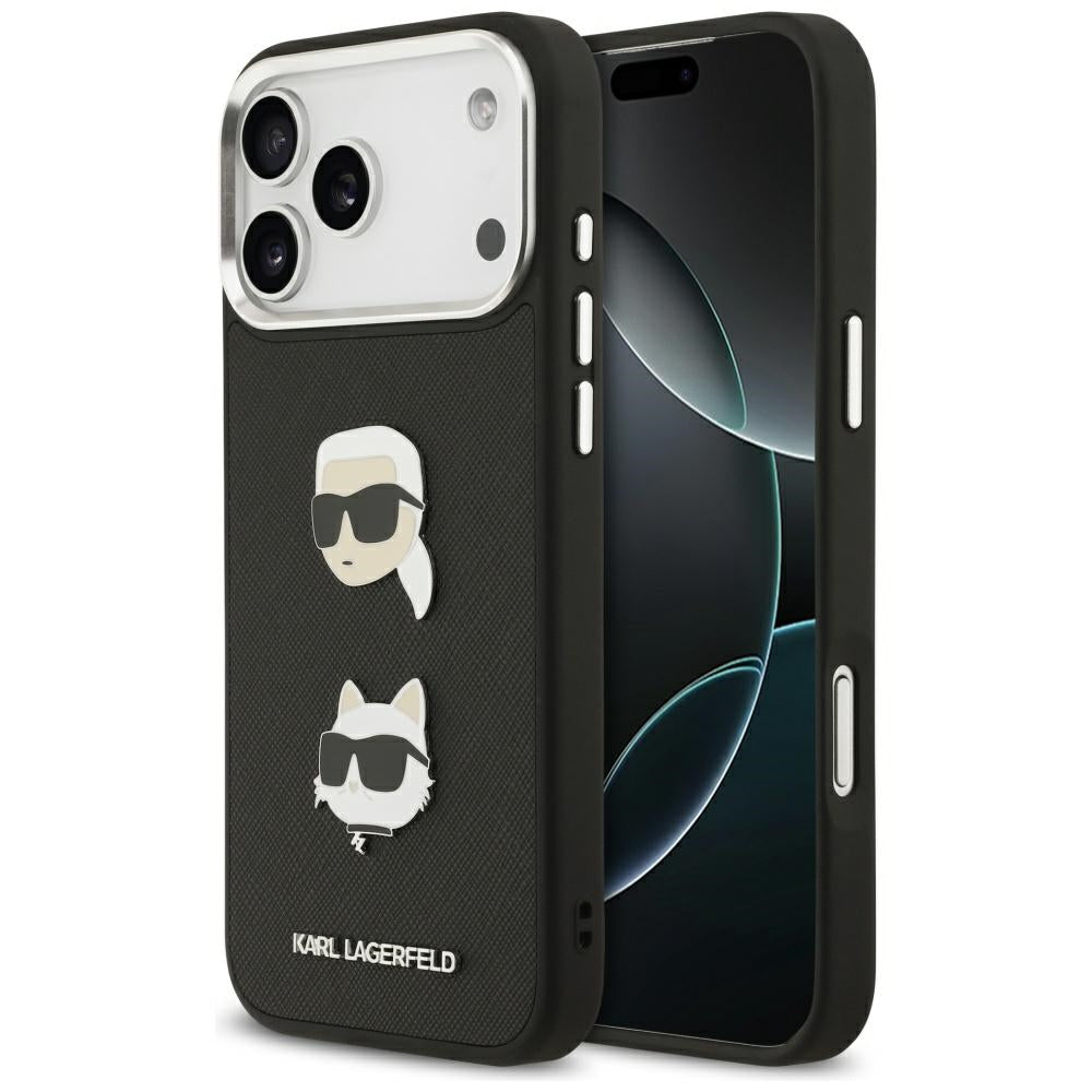 Karl Lagerfeld FW Grained Karl & Choupette Heads Pins & Logo iPhone 17 Pro Max Case - Black