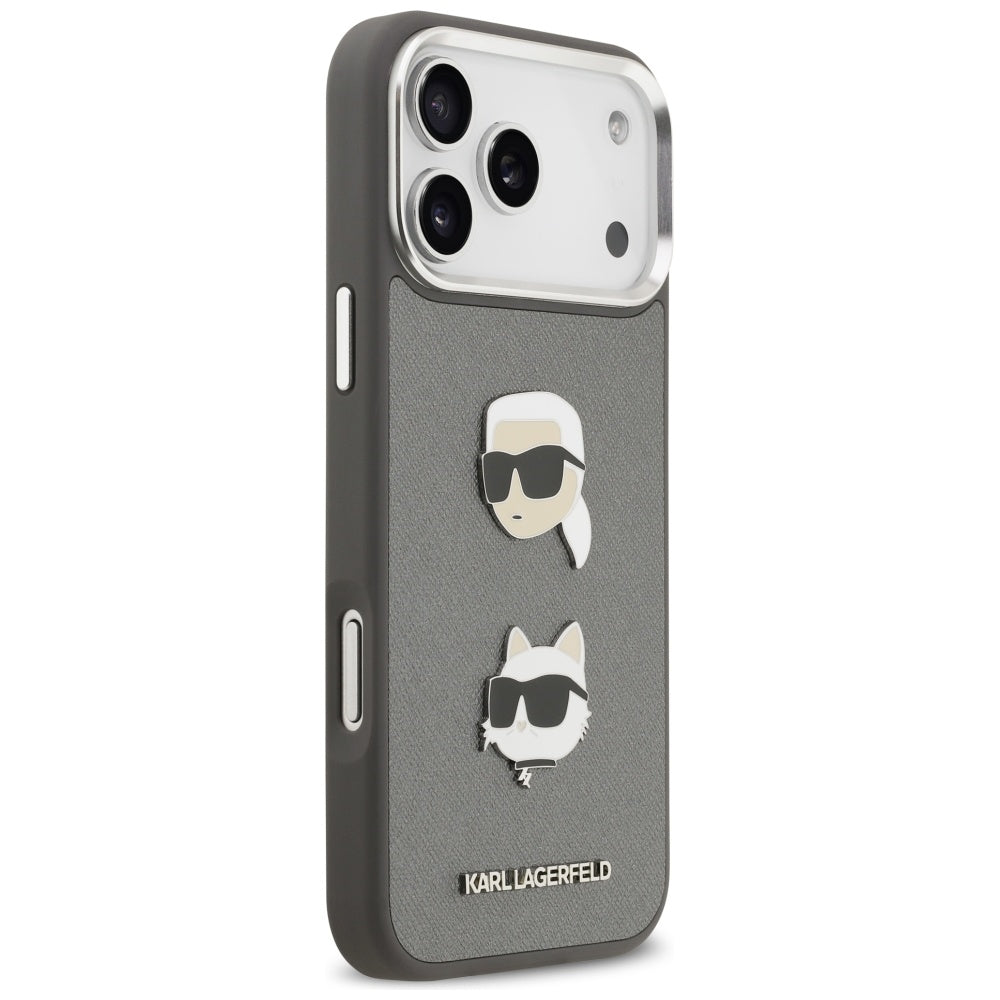 Karl Lagerfeld FW Grained Karl & Choupette Heads Pins & Logo iPhone 17 Pro Max Case - Gray