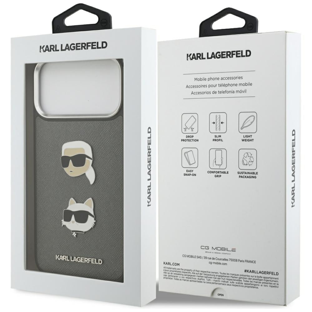 Karl Lagerfeld FW Grained Karl & Choupette Heads Pins & Logo iPhone 17 Pro Max Case - Gray