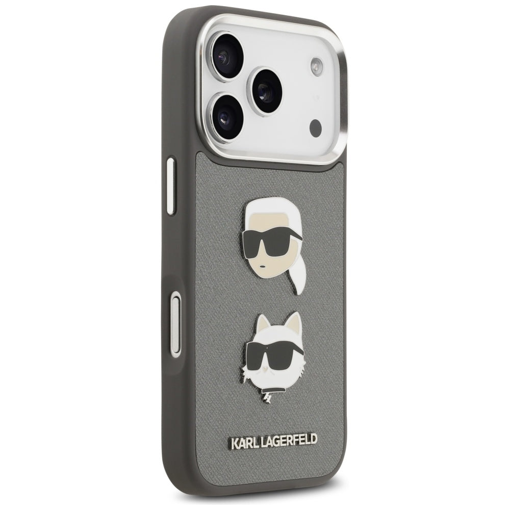 Karl Lagerfeld FW Grained Karl & Choupette Heads Pins & Logo iPhone 17 Pro Case - Gray