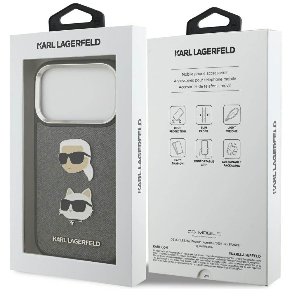Karl Lagerfeld FW Grained Karl & Choupette Heads Pins & Logo iPhone 17 Pro Case - Gray