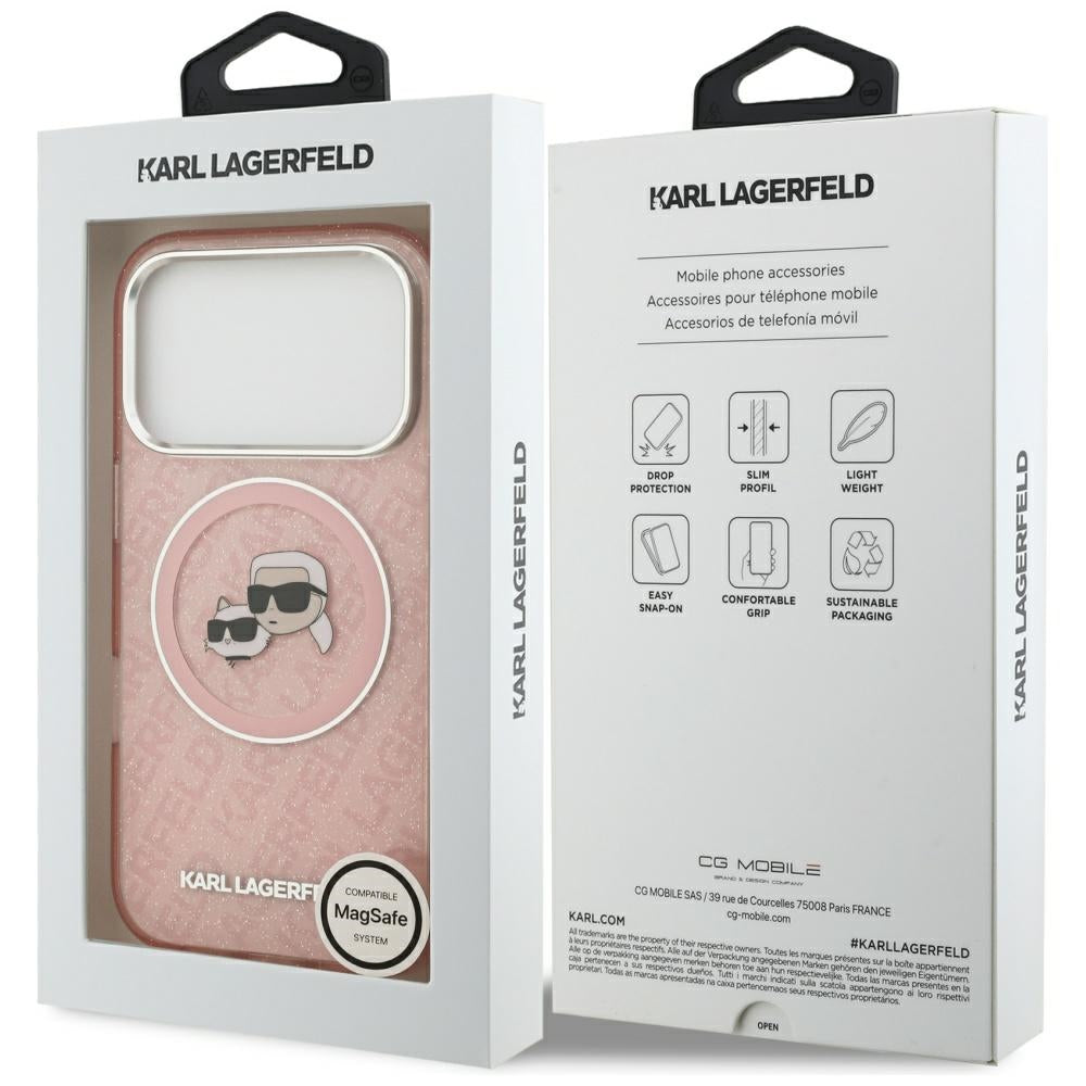 Karl Lagerfeld IML Glitter Karl & Choupette Heads Logo MagSafe Case til iPhone 17 Pro - Pink