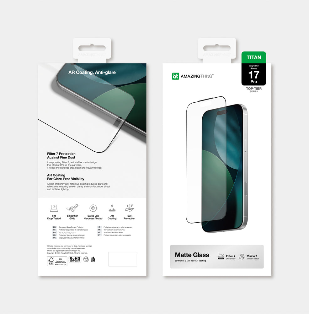 AmazingThing Titan Vision 7 hærdet glas til iPhone 17 Pro Matte