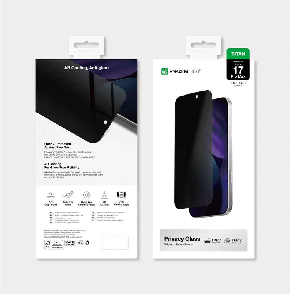 AmazingThing Titan Vision 7 hærdet glas til iPhone 17 Pro Max Privatliv