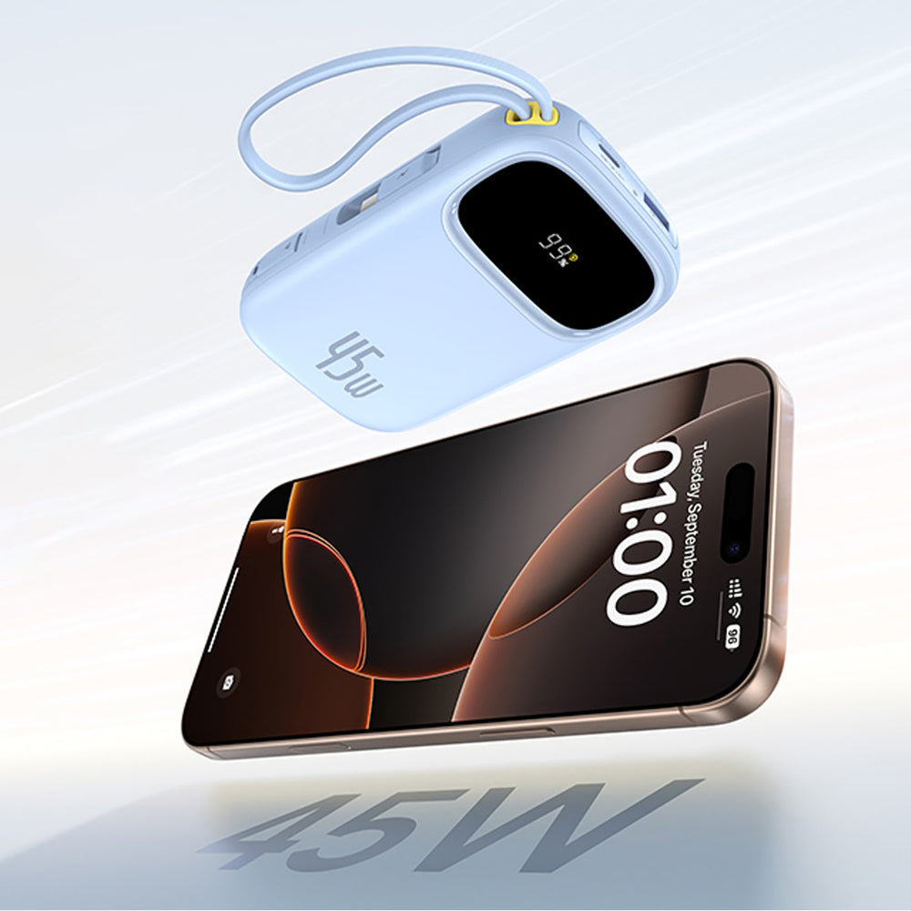 Baseus EnerFill FC31 20000mAh 45W Power Bank med display med USB-C og Lightning Kabler - Blå