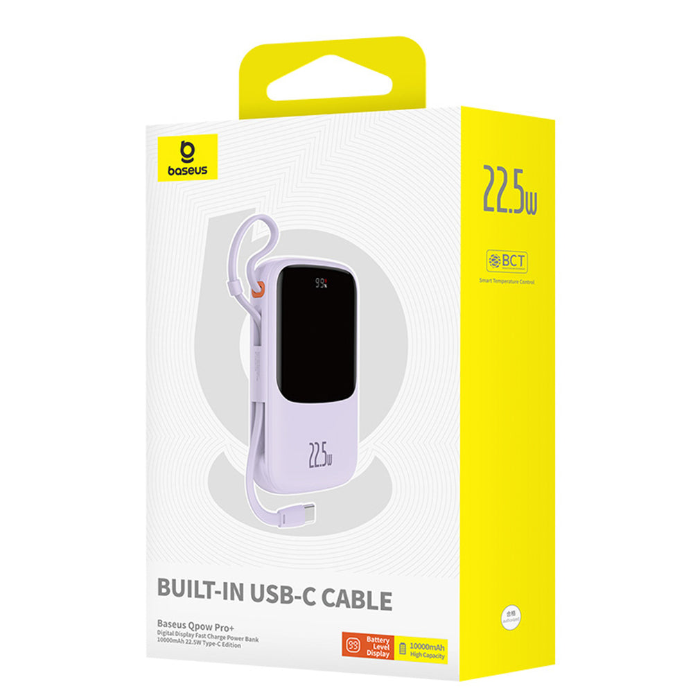 Baseus Qpow Pro+ 10000mAh 22.5W Power Bank med indbygget USB-C-kabel og display - Purple