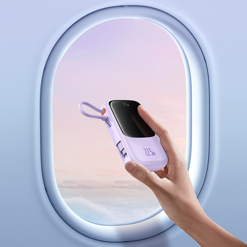 Baseus Qpow Pro+ 10000mAh 22.5W Power Bank med indbygget USB-C-kabel og display - Purple